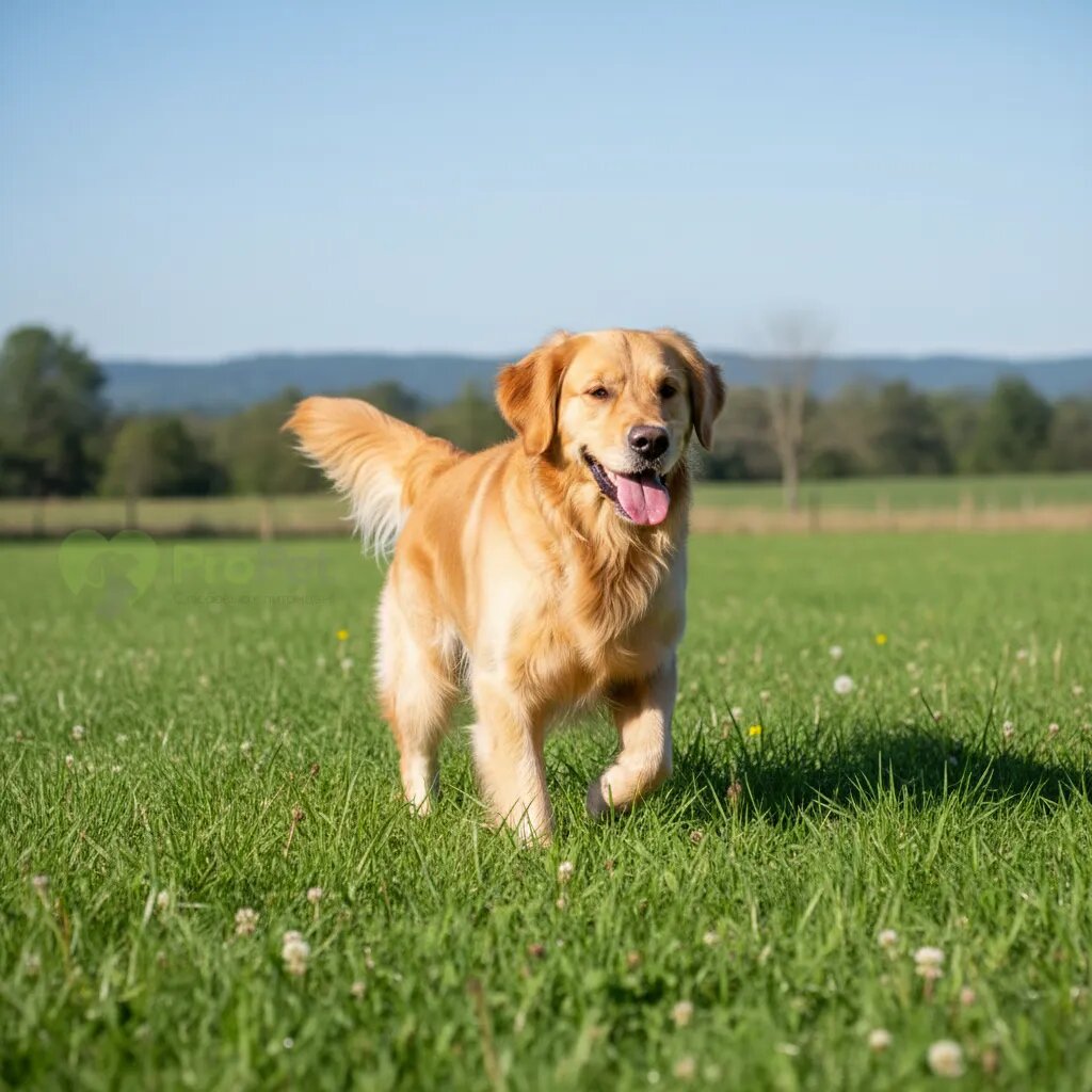 Здоровая собака породы золотистый ретривер на зеленой траве