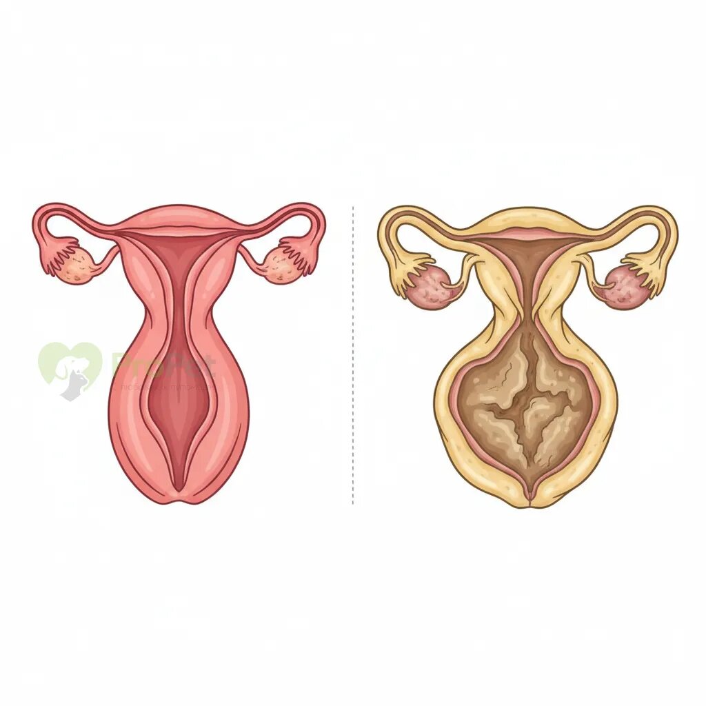 Схематичное изображение здоровой матки и матки при пиометре