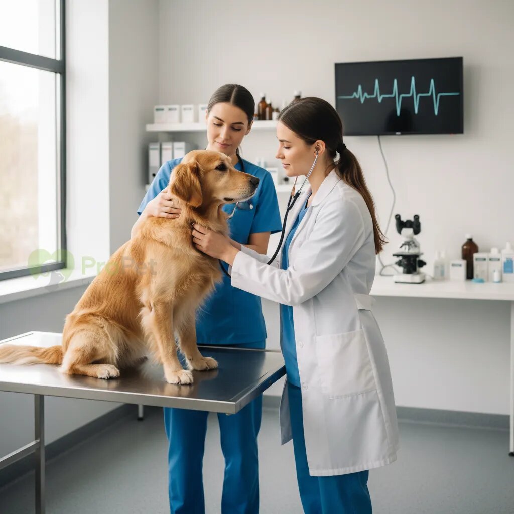 Ветеринар осматривает собаку на смотровом столе