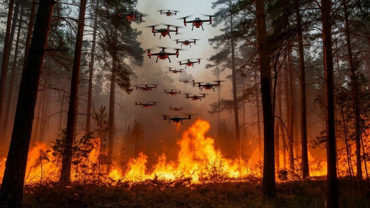 Спасательный рой дронов при пожаре. Квантовая запутанность позволит дронам "думать" как единый механизм.