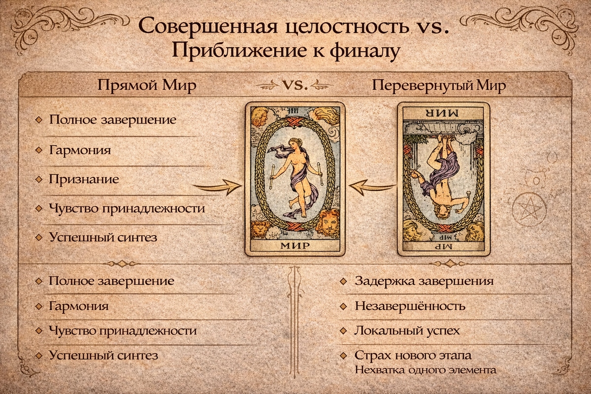 Толкование перевернутой карты Мир в Таро в сравнении с прямым положением.  📷
