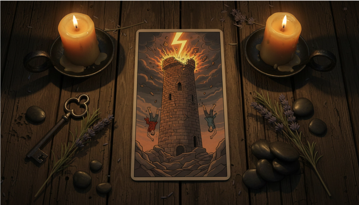 Символика и прямое значение карты Таро Башня: толкование молнии, падающих фигур и знаков разрушения.  📷
