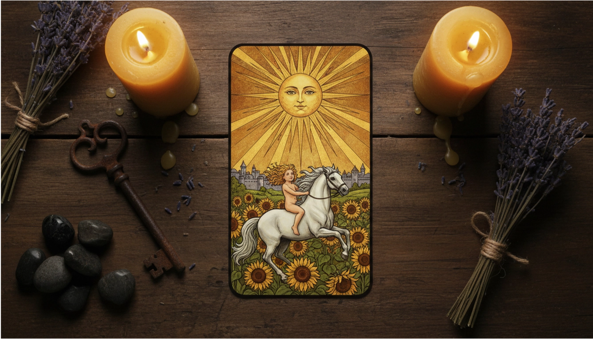 Символика и прямое значение карты Таро Солнце: толкование ребёнка, коня и солнечного диска.  📷
