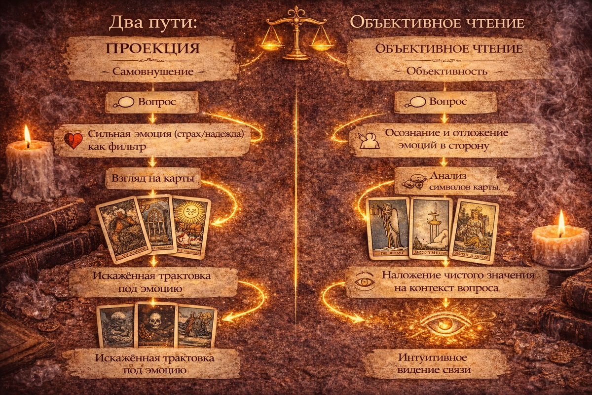 как трактовать карты таро в раскладах объективно, схема отличия самовнушения от интуиции.  📷
