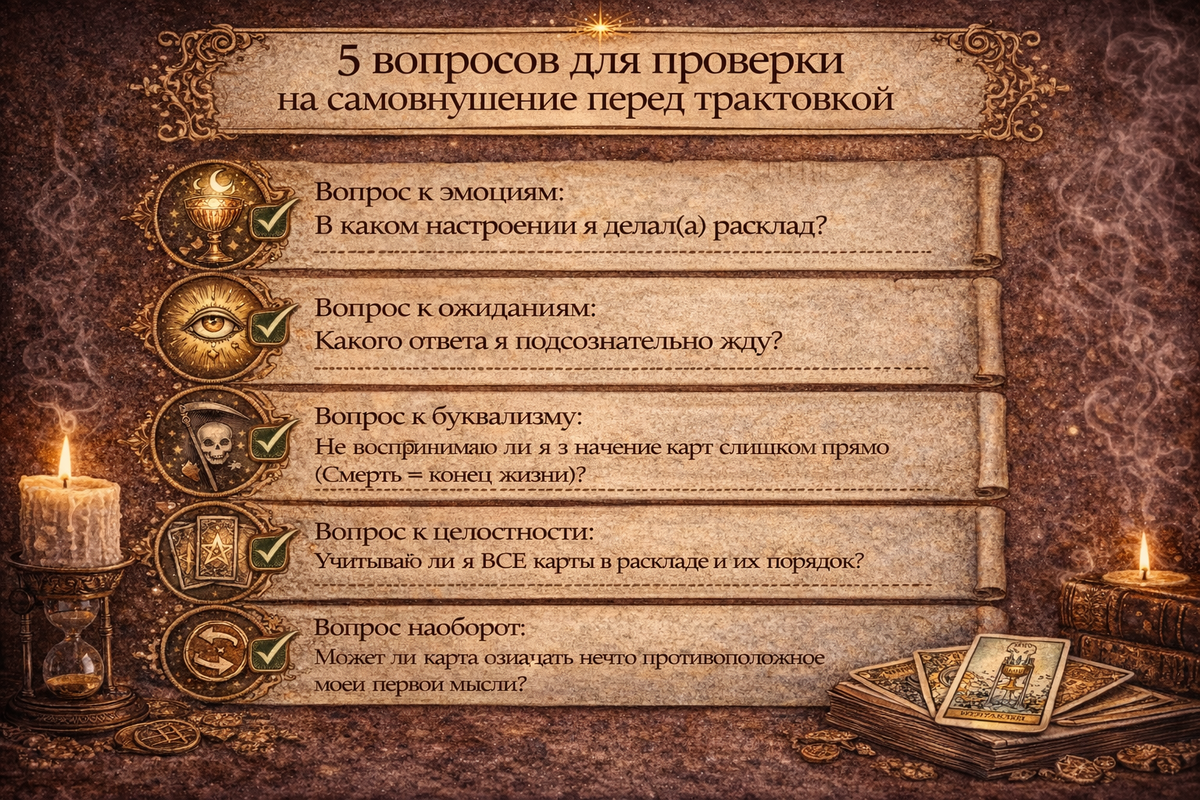 как правильно читать карты таро в раскладах, чек-лист против ошибок самовнушения для начинающих.  📷
