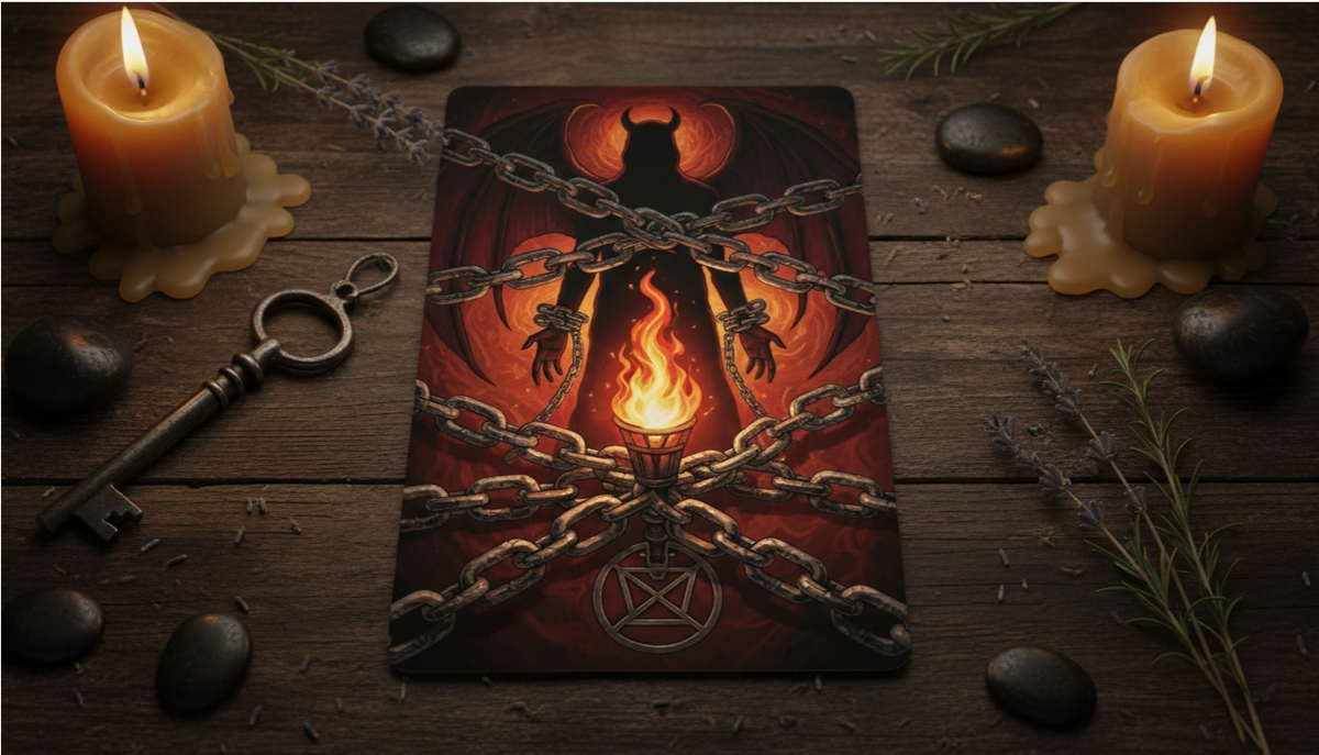 Символика и прямое значение карты Таро Дьявол: толкование фигуры Бафомета, цепей и знаков зависимости.  📷
