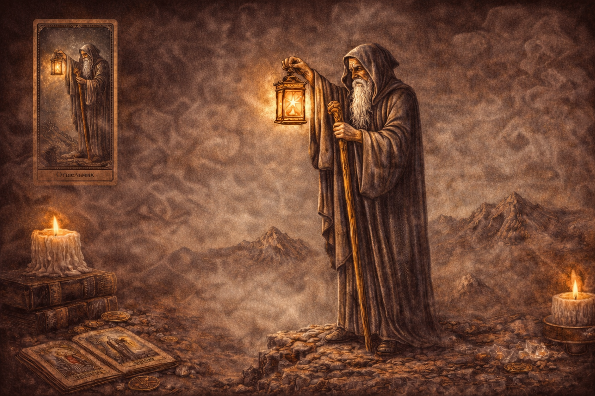 Символика и прямое значение карты Таро Отшельник: фонарь, посох, горы.  📷

