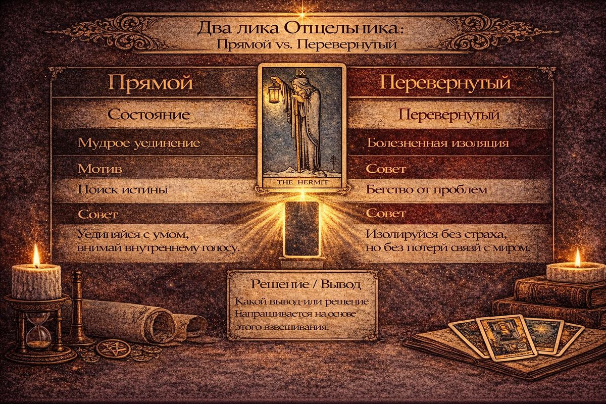 Толкование перевернутого положения карты Отшельник Таро: сравнение с прямым.  📷
