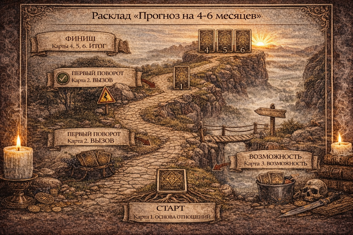 Расклад таро на отношения с мужчиной в ближайшем будущем схема и описание из 6 карт.  📷
