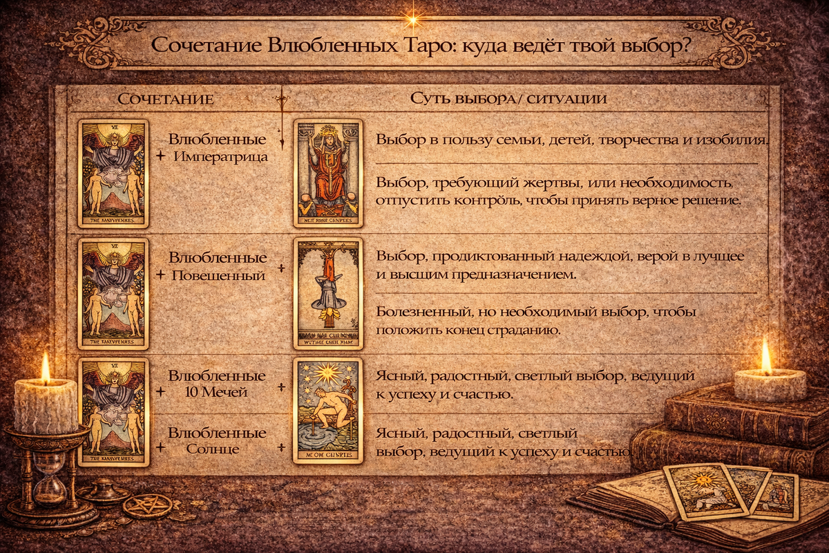 Таблица сочетаний карты Влюбленные в Таро с другими арканами: толкование выбора и союзов.  📷
