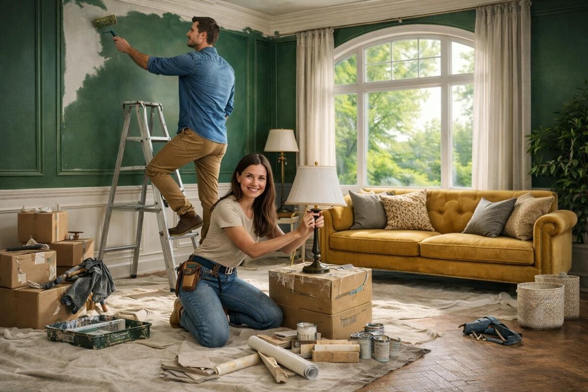 Пара делает ремонт в квартире перед перепродажей по стратегии флиппинга недвижимости