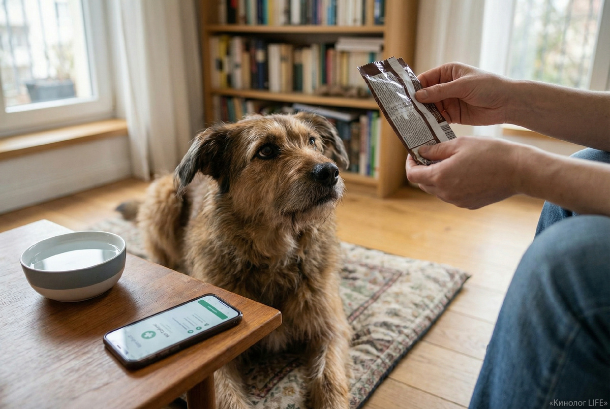 Первая помощь при подозрении на отравление шоколадом: владелец звонит ветеринару, собака рядом