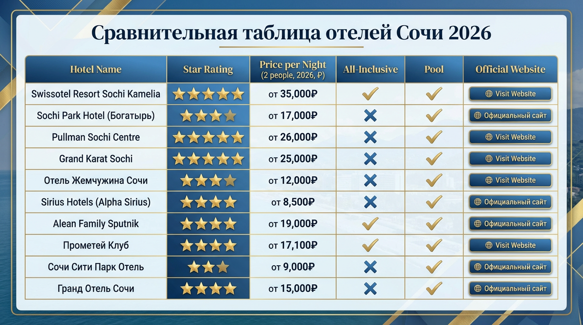 Сравнительная таблица отелей Сочи 2026: Swissotel Камелия, Богатырь, Сочи Парк Отель с ценами и звёздами