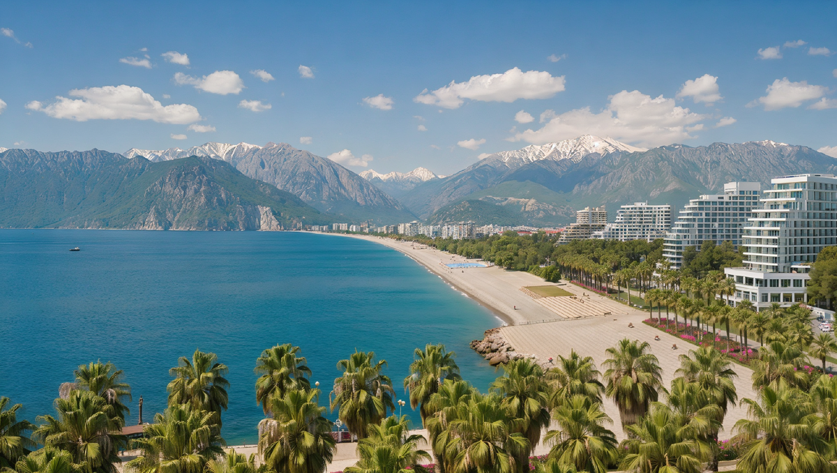 Панорамный вид на отели Сочи на берегу Черного моря с горами Кавказа и пальмами — идеальное место для отдыха 2026