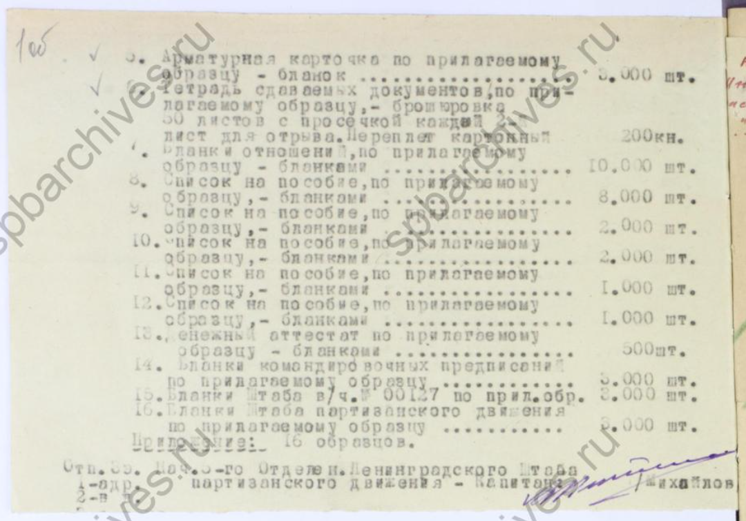 Заявка-заказ во 2-ю типографию Воениздата НКО СССР им. К. Ворошилова на изготовление необходимых для Штаба и его подразделений бланков и учетных ведомостей, 1942 г. ЦГАИПД СПб. Фонд Р-116Л. Опись 5. Дело 229