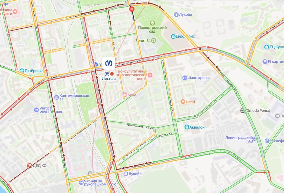    Мощные пробки у станции метро «Лесная». Фото: «Яндекс. Пробки»