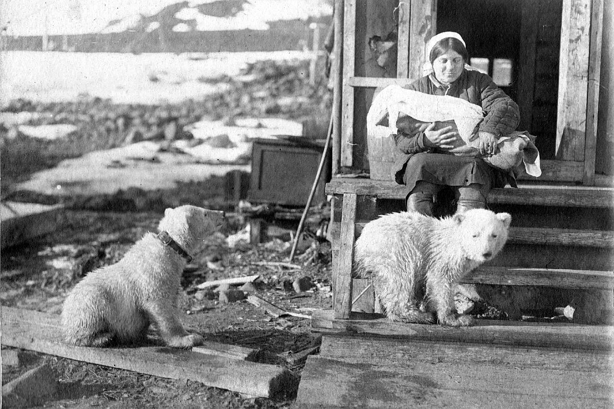    На фото: Евгения Битрих держит на коленях сверток - новорожденную дочь Северину. Рядом резвятся оставшиеся без матери медвежата, прижившиеся на станции. / rgo.ru/из архива Северины Битрих