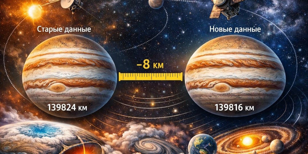 Минус 8 км на экваторе, минус 24 на полюсах. Юпитер оказался компактнее, чем написано в учебниках