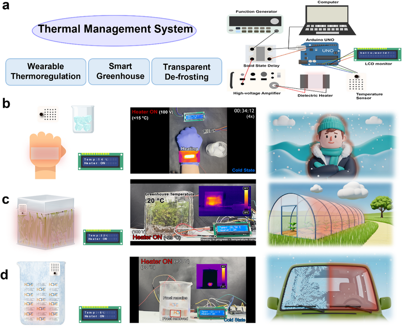 Рис. 1) Области применения автономной системы терморегулирования с демонстрацией в реальных условиях. а) Автономная система терморегулирования на базе Arduino и три сценария практического применения: носимое терморегулирующее устройство, интеллектуальная теплица и прозрачная система размораживания. б) Носимое устройство терморегуляции с автоматической активацией при понижении температуры ниже 15 °C для защиты от холода. в) Интеллектуальная система климат-контроля теплицы, поддерживающая оптимальную температуру для роста растений (23 °C) с помощью прозрачного диэлектрического нагревателя. г) Демонстрация прозрачной системы размораживания с использованием жидкого азота, показывающая избирательное предотвращение образования инея при сохранении оптической прозрачности при 0 °C.