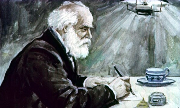 Доктор сидел за столом и что-то писал на клочке бумажки.  Иллюстрация Б. К. Винокурова к рассказу А. И. Куприна «Чудесный доктор»