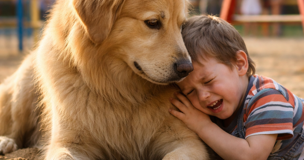 На детской площадке ребёнок упал. Первым подбежал не взрослый — первым пришёл пёс