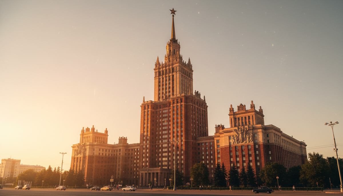 Монументальный фасад сталинской высотки в лучах закатного солнца, олицетворяющий мощь и неприступность.