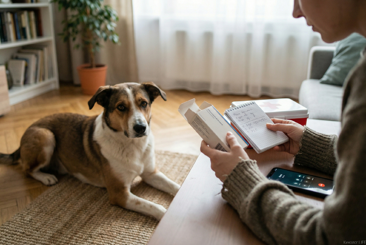 Экстренный алгоритм: владелец звонит в ветклинику, рядом собака, упаковка лекарства на столе