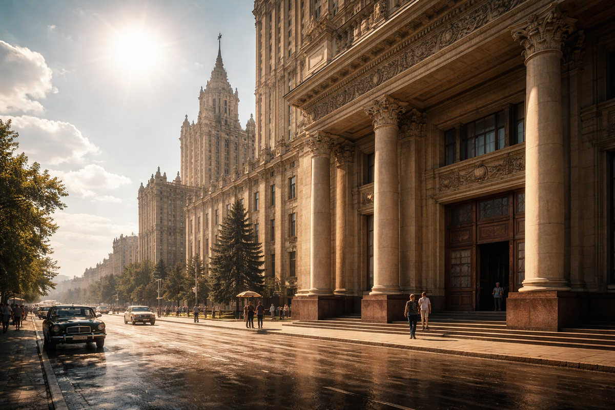 Величественный фасад сталинского ампира в летний зной