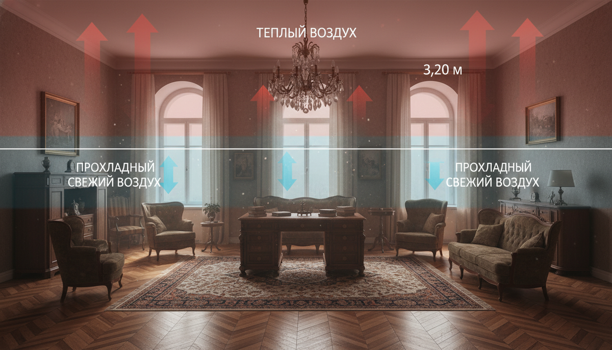 Схема циркуляции воздуха в комнате с высокими потолками