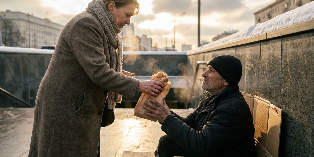 Она 3 года покупала булочку бездомному у метро. Когда попала в больницу, он пришёл и рассказал