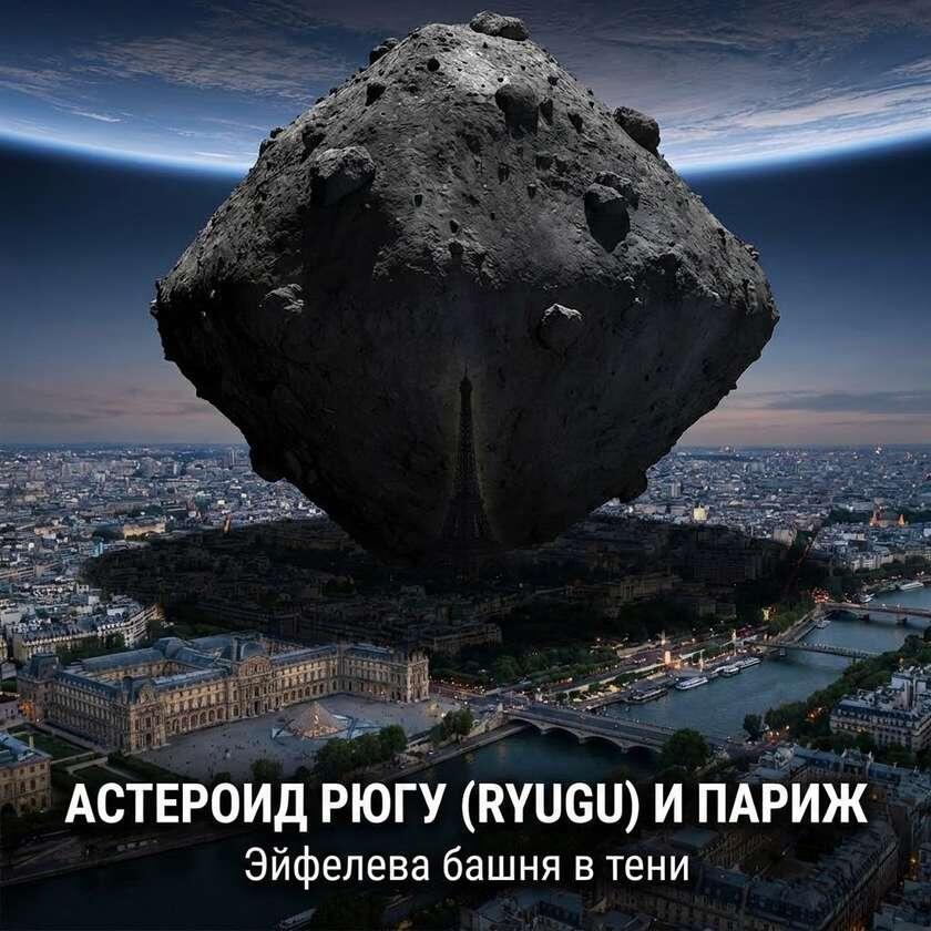 как Рюгу соотносится с французской столицей — в тени космического камня прячется даже Эйфелева башня. (сгененировано ИИ)