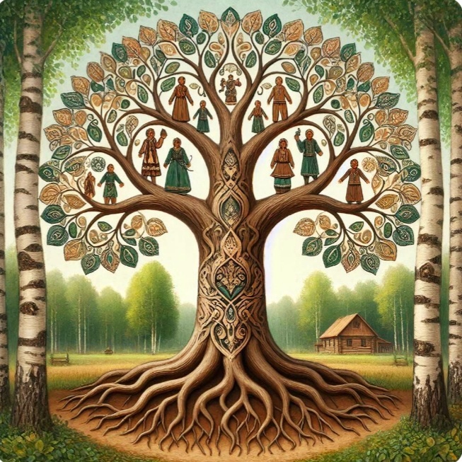 Символ семьи и родства представлен условно переплетением связей между всеми членам семейного клана по отцовской и материнской линиям. Богатейший потенциал семейного древа включает накопленный опыт, жизненный путь, человеческие ценности и убеждения каждого его представителя, которые изучали и передавали старшие поколения молодым.