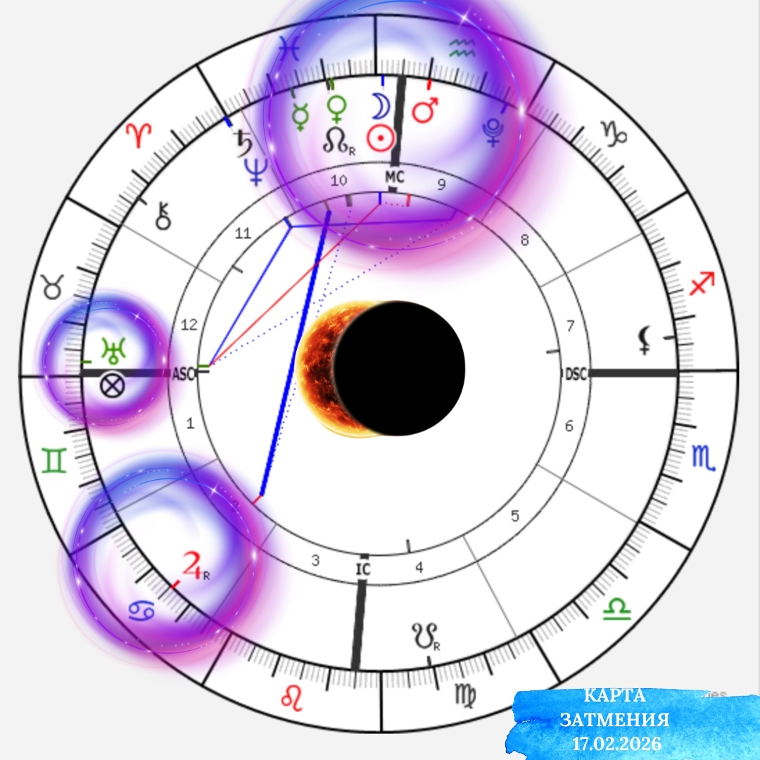 Карта Солнечного Затмения 17.02.2026. Астролог Екатерина Юдина 