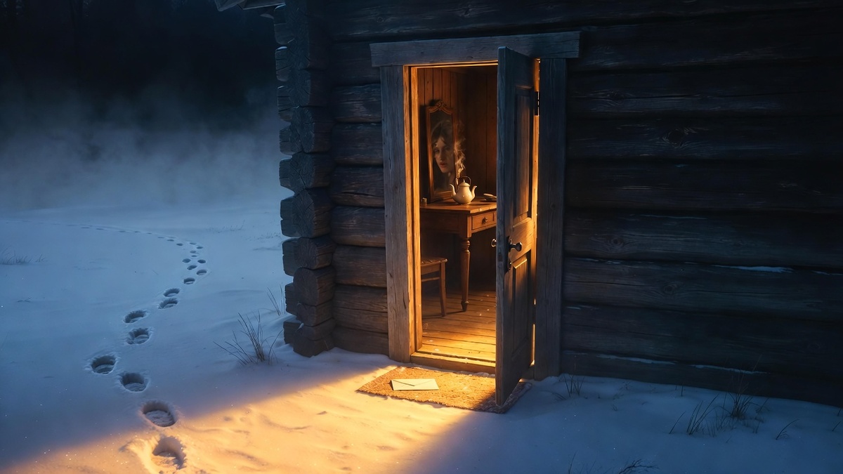 «Ночь. Дом. Дверь приоткрыта. Свет. Следы в снегу: один ушёл, один стоит. Внутри — чайник, конверт, мама в зеркале. Запах духов. Реализм».