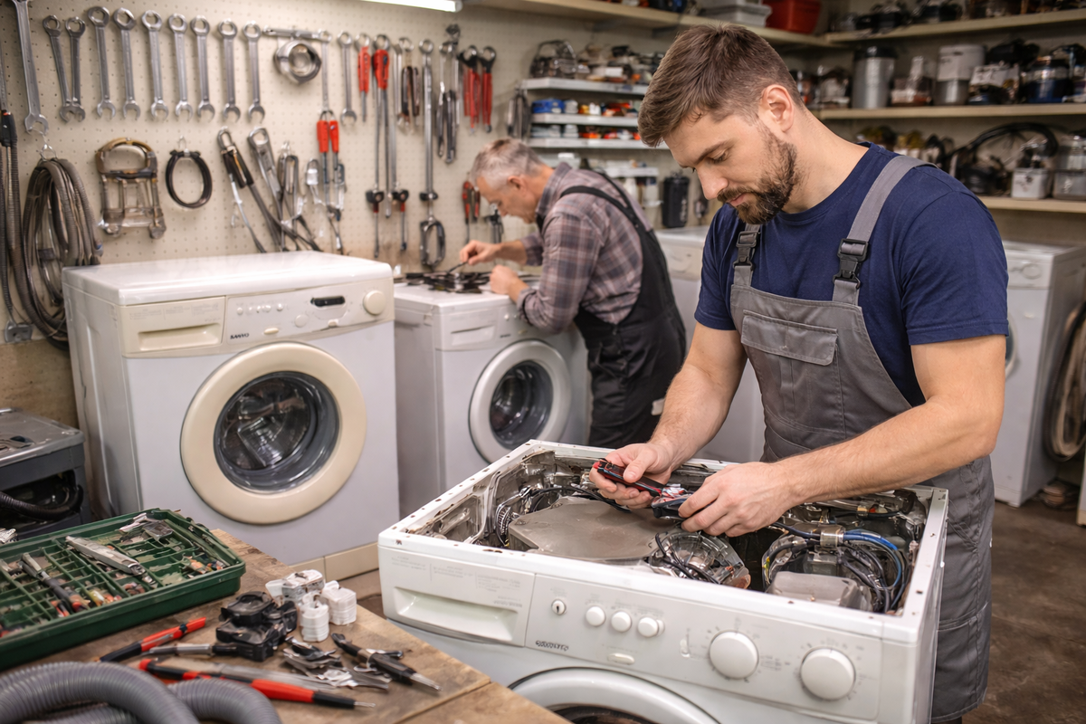 Контрольный прогон стиральной машины после ремонта в мастерской