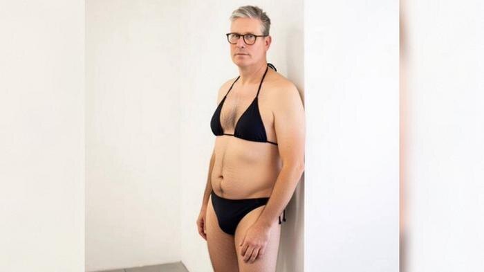 Премьер Британии Кир Стармер в купальнике (сгенерировано ИИ). Фото. © X / kadmitriev