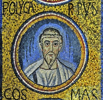 Священномученик Поликарп Смирнский. 5 в.  Мозаика Архиепископской капеллы. Равенна. Италия.