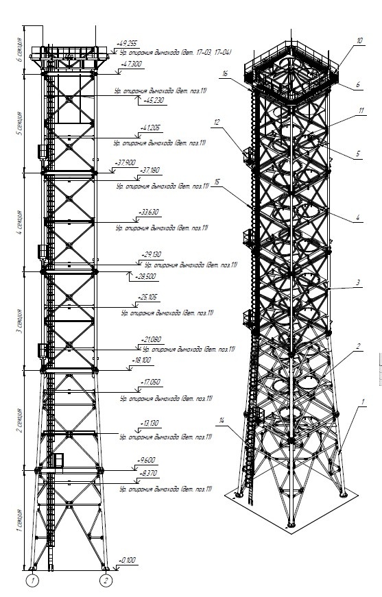КМД, вытяжная башня, высота 50 метров, разработка Уральский завод дымоходов "Модуль"