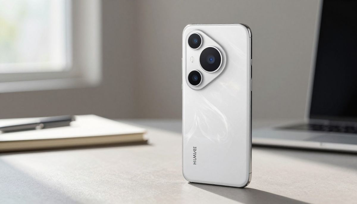 На переднем плане представлен стильный современный смартфон Huawei Pura 80 с матово-белой отделкой, демонстрирующий элегантный дизайн и изогнутые края. Экран оснащен ярким интерфейсом, подчеркивающим его функциональные возможности. В то же время размытый фон с мягким фокусом дополняет устройство, создавая стильную обстановку рабочего стола с минималистичными аксессуарами, такими как блокнот и ручка, которые придают ему изысканность. Яркое естественное освещение, льющееся из ближайшего окна, усиливает отражающие поверхности телефона и создает мягкие тени. Атмосфера, созданная в профессиональном стиле и в современном стиле, позволяет зрителю оценить передовые технологии Huawei Pura 80. Изображение чистое, без текста, логотипов или отвлекающих факторов.