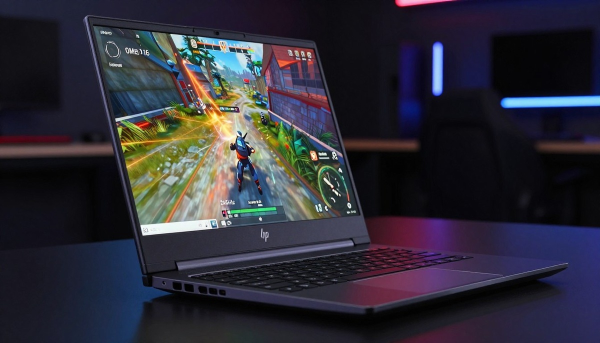 Крупный план элегантного игрового ноутбука HP OMEN 16 2025, демонстрирующего яркий 2,5-К дисплей с частотой 240 Гц. Ноутбук открыт и расположен под углом 45 градусов, что подчеркивает потрясающую четкость экрана и динамичные цвета, которые отображают захватывающую игровую сцену. Корпус выполнен в темно-черном цвете с тонкими вставками, что указывает на первоклассный дизайн. На заднем плане изображена темная, размытая игровая панель со светодиодной подсветкой, создающей атмосферу высоких технологий. Мягкое рассеянное освещение отбрасывает блики на поверхность ноутбука, подчеркивая современную эстетику. Изображение передает ощущение волнения и погружения и идеально подходит для иллюстрации передовых игровых технологий. На изображении нет текста, логотипов или водяных знаков.