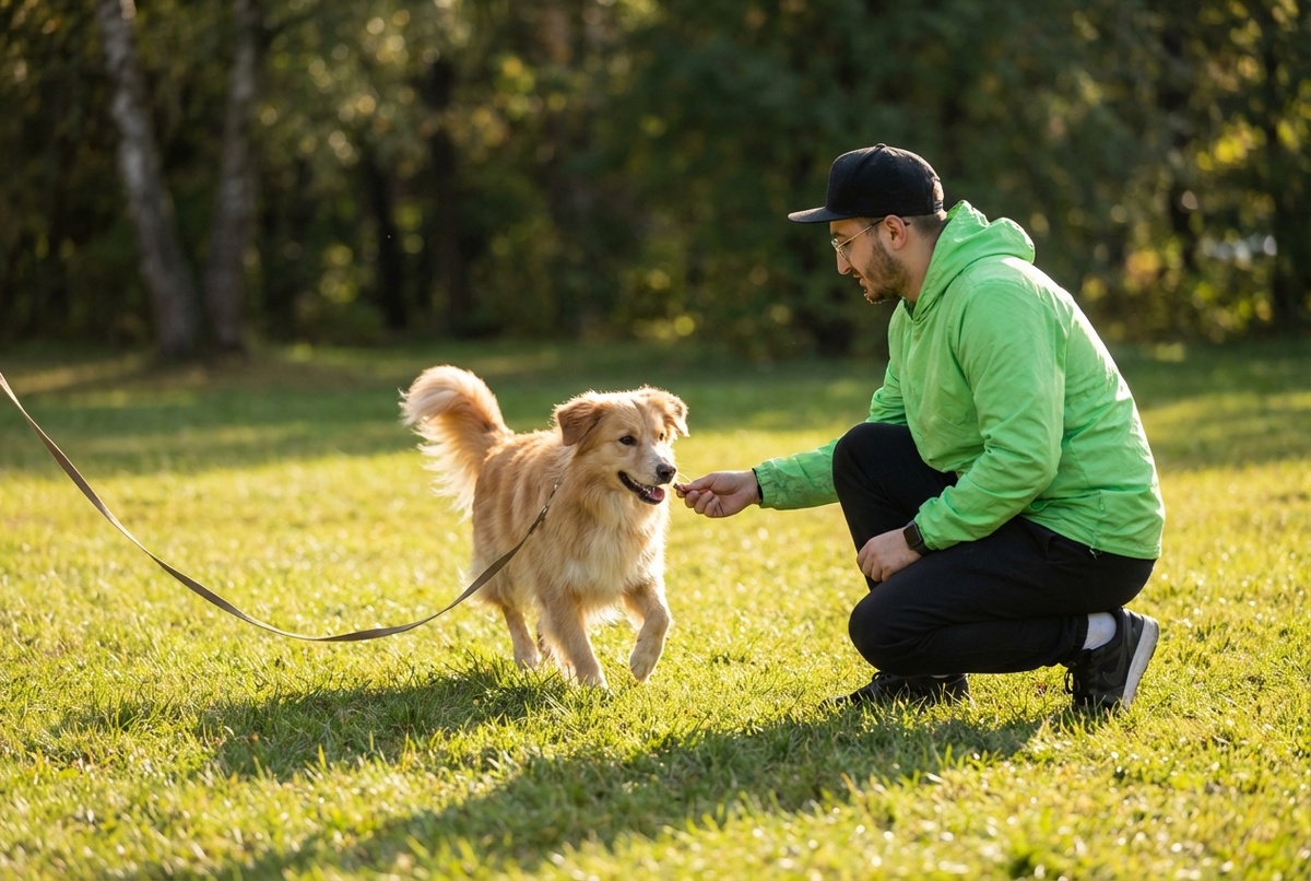 Собака бежит к хозяину по команде «ко мне» во время тренировки подзыва