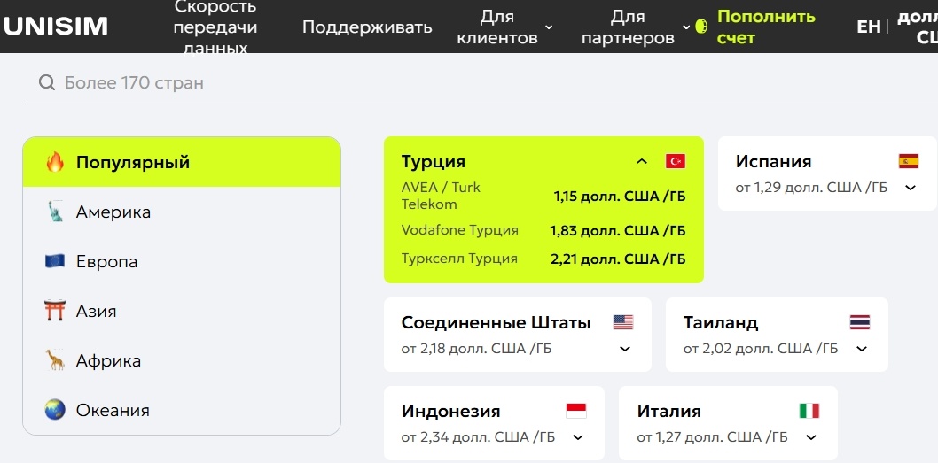 Тарифные планы eSIM Unisim для Турции