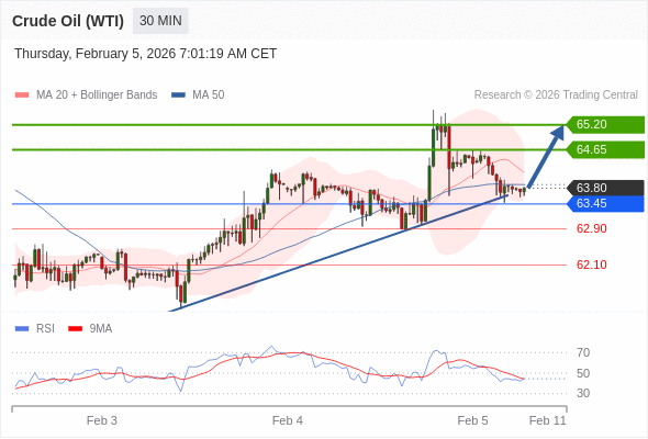 Нефть (WTI) (H6) в течение дня: Внутридневная линия поддержки на уровне 63,45.  Наша точка разворота находится на уровне 63,45. Наше предпочтение:Покупать выше 63,45 с целевыми точками 64,65 и 65,20. Альтернативный сценарий:Прорыв вниз уровня 63,45 откроет путь к 62,90 и 62,10. Анализ:RSI смешанный и призывает к осторожности. 
