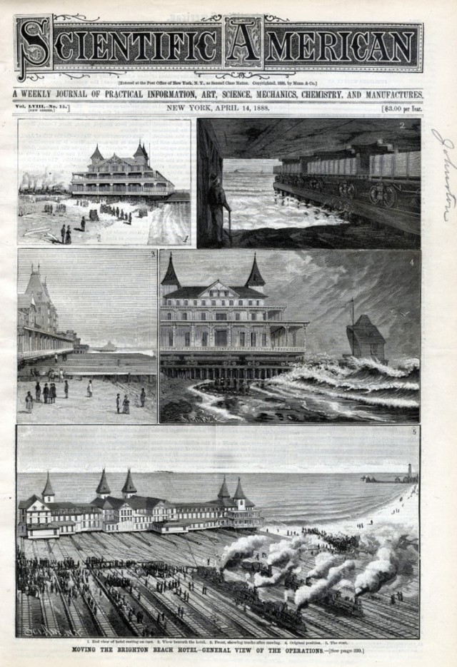 "Новость из американской газеты Scientific American (от 14 апреля 1888 года) о передвижении отеля "Брайтон Бич". 