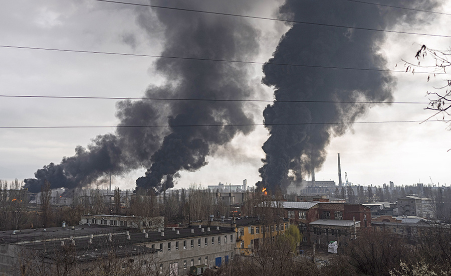    Smoke rises in the air after shelling in Odessa, Ukraine, Sunday, April 3, 2022. (AP Photo/Petros Giannakouris)