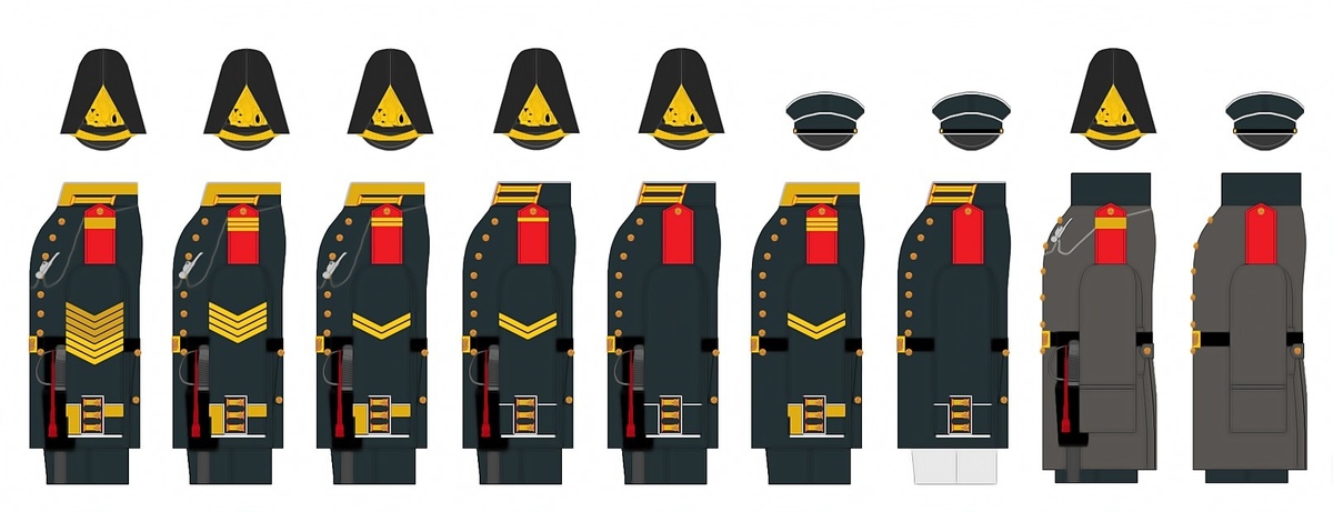 На рисунке Гвардейский экипаж: Боцман в полукафтане в строю; Боцманмат в полукафтане в строю; Квартирмейстер в полукафтане в строю; Марсовый в полукафтане в строю; Матрос в полукафтане в строю; Боцманмат в полукафтане вне строя; Матрос в летнем полукафтане вне строя; Боцман в шинели в строю; Матрос в шинели вне строя.