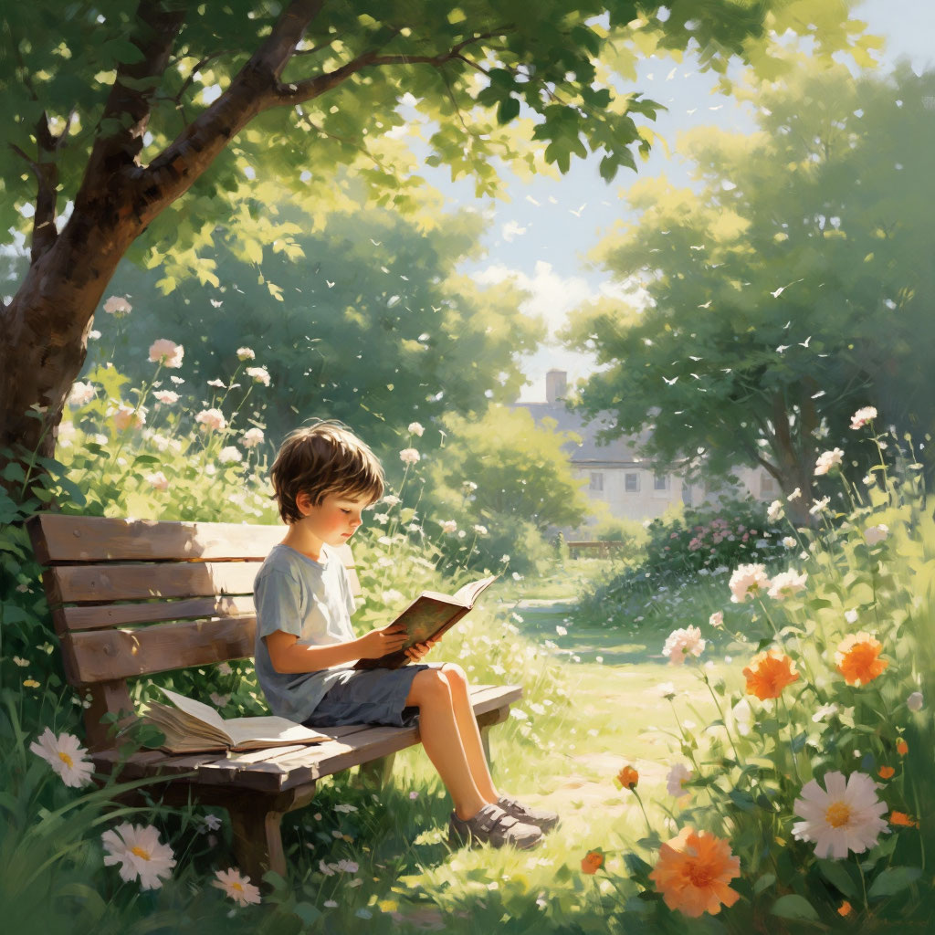 ребенок читает в саду