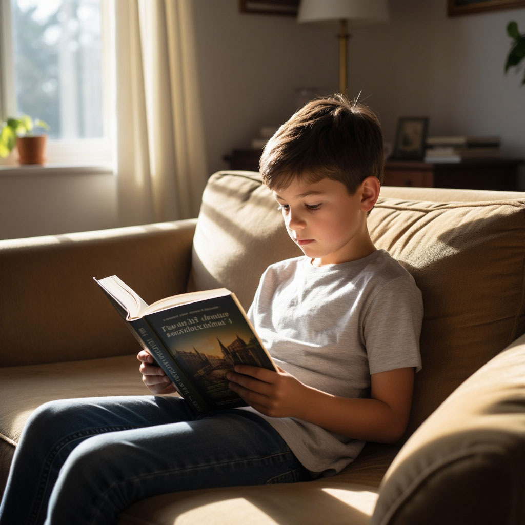 ребенок читает на диване