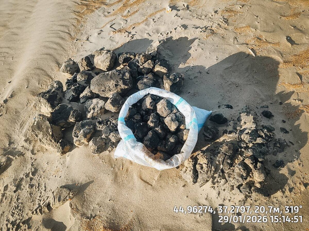 Прошлогодний слежавшийся мазут на фоне большого мусорного мешка. В некоторых местах еще его убирать и убирать надо