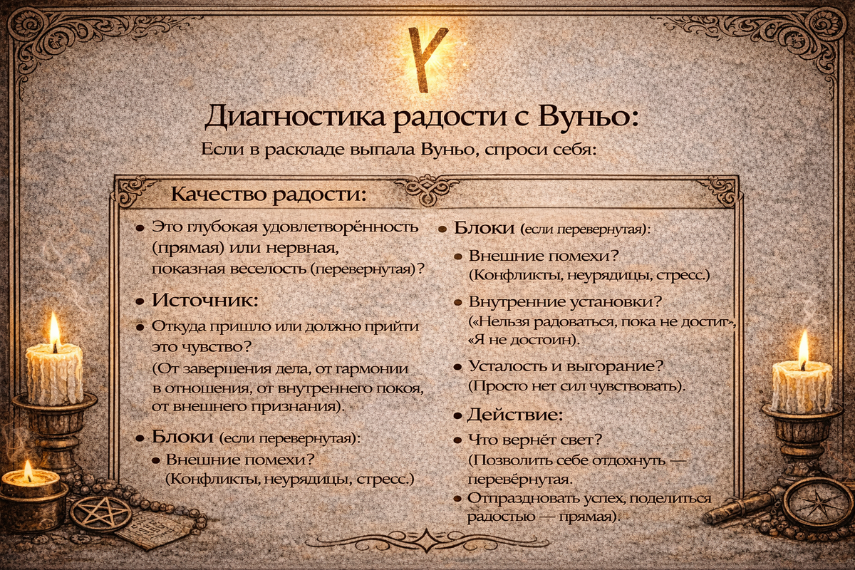 как толковать руну вуньо - чек-лист для понимания значения радости и счастья в раскладе.  📷
